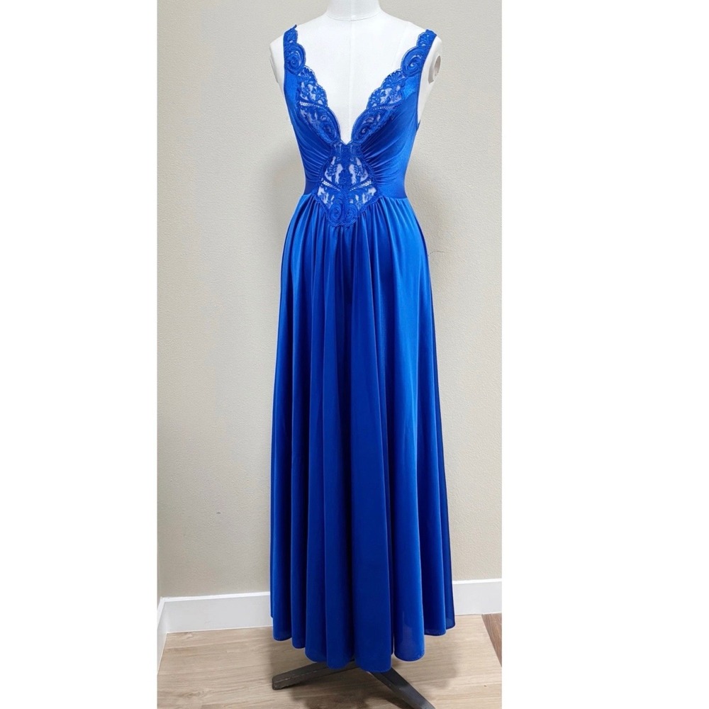 Vintage Vandemere Olga Cobalt Blue Maxi Nightgown M Lace Bodice Full Sweep Glam - Picture 8 of 8